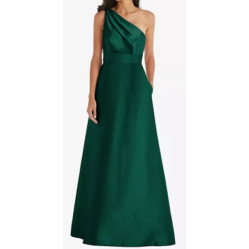 Alfred Sung Hunter Green Satin Twill One Shoulder Maxi Dress Size 16r Nwt